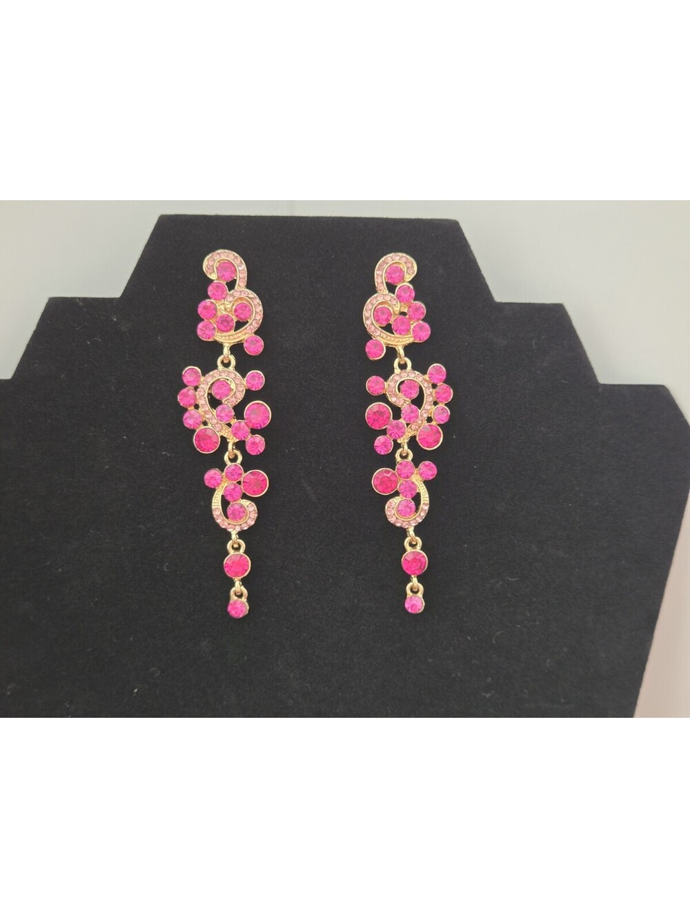 Pink Rhinestone Gold Tone Statement Dangle Drop Earrings Long Chandelier